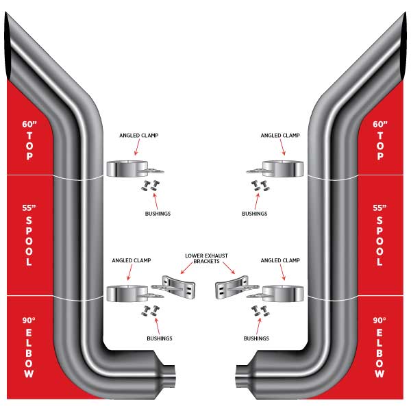 10″ Dia. Complete Bullhorn Exhaust Kit – 60″ Top Stacks | 55″ Middle Spools | 90° Elbows 10″ Reduced to 5″ Dia. - General Diesel Repair & Chrome