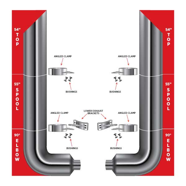 10″ Dia. Complete Mitered Exhaust Kit – 54″ Top Stacks | 55″ Middle Spools | 90° Elbows 10″ Reduced to 5″ Dia. - General Diesel Repair & Chrome