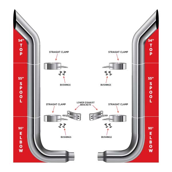 6″ Dia. Complete Bullhorn Exhaust Kit – 54″ Top Stacks | 55″ Middle Spools | 90° Elbows 6″ Reduced to 5″ Dia. - General Diesel Repair & Chrome