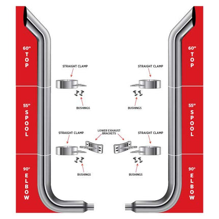 6″ Dia. Complete Bullhorn Exhaust Kit – 60″ Top Stacks | 55″ Middle Spools | 90° Elbows 6″ Reduced to 5″ Dia. - General Diesel Repair & Chrome