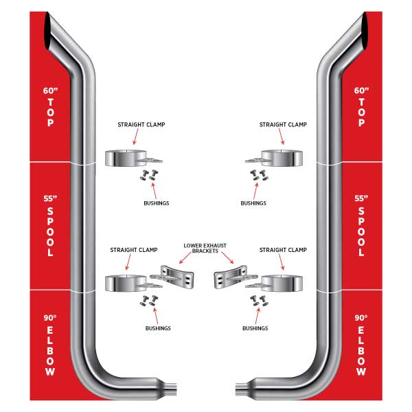 6″ Dia. Complete Bullhorn Exhaust Kit – 60″ Top Stacks | 55″ Middle Spools | 90° Elbows 6″ Reduced to 5″ Dia. - General Diesel Repair & Chrome