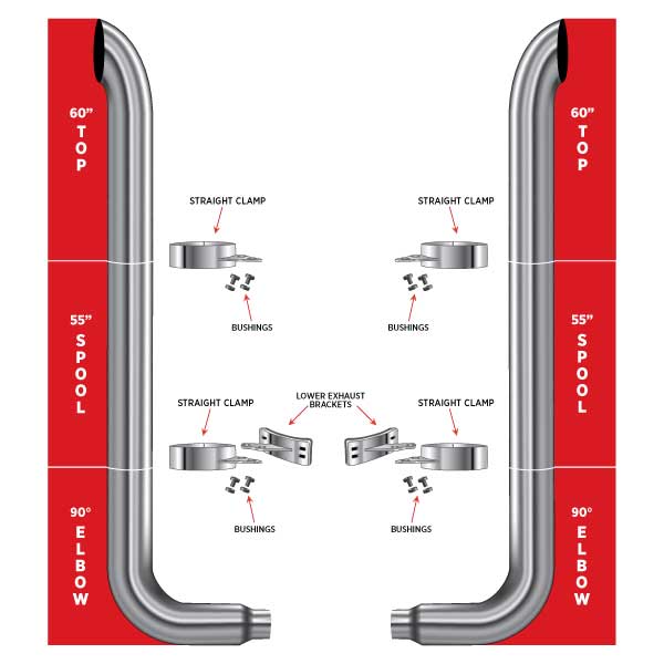 6″ Dia. Complete Curved Exhaust Kit – 60″ Top Stacks | 55″ Middle Spools | 90° Elbows 6″ Reduced to 5″ Dia. TSK6-CSET6 - General Diesel Repair & Chrome
